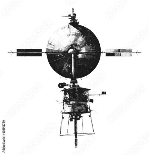 Hand drawn halftone satellite. Space vector design element.