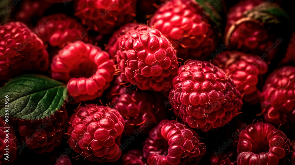 Fruit banner from the harvest of ripe organic raspberries, generative AI. Fruit banner from the harvest of ripe organic raspberries, generative AI.