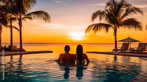 Couple enjoying beach vacation holidays at tropical resort with swimming pool and coconut palm trees near the coast with beautiful landscape. Generative AI © Александр Марченко