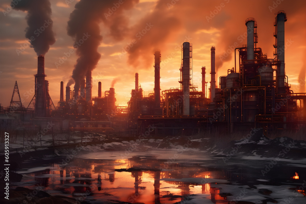Oil and gas refinery sunset landscape