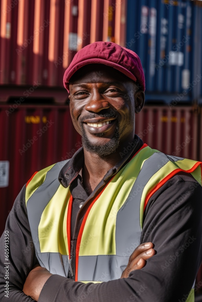 Fototapeta premium Handsome African industrial engineer in cap and safety vest