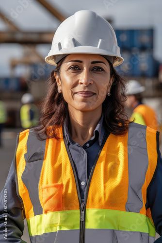 Wallpaper Mural Smiling woman in reflective clothing and hardhat stands at the dockyard Torontodigital.ca