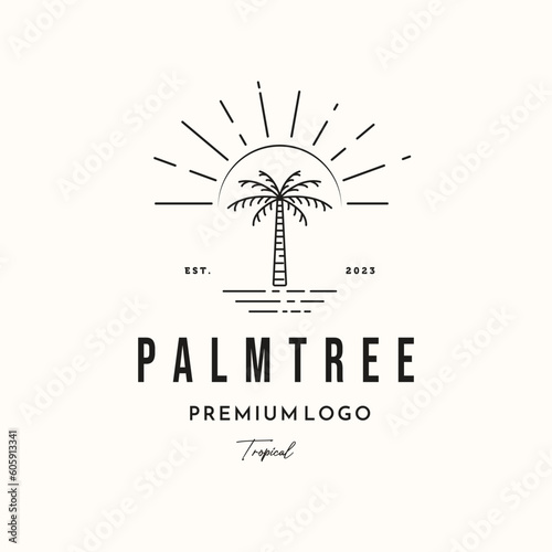 palm tree sunny day line art logo vector minimalist illustration design, coconut tree in the summer logo design