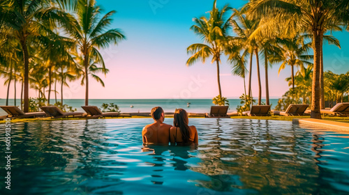Obraz na płótnie Couple enjoying beach vacation holidays at tropical resort with swimming pool and coconut palm trees near the coast with beautiful landscape