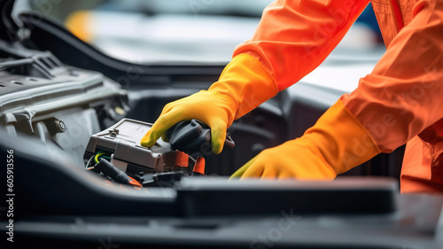 Selective focus hands in gloves of expert technicain electric car, EV car while opened A used Lithium-ion car battery before its repair. Generative Ai © Malika