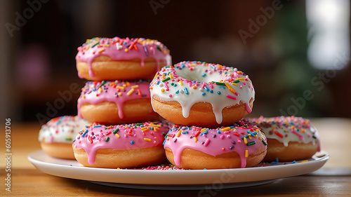 stack of donuts with frosting and sprinkles on a wooden table. Generative Ai