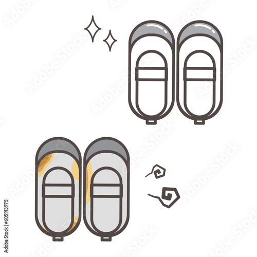 うわばき　汚れ　ビフォーアフターのシンプルな線画イラスト素材