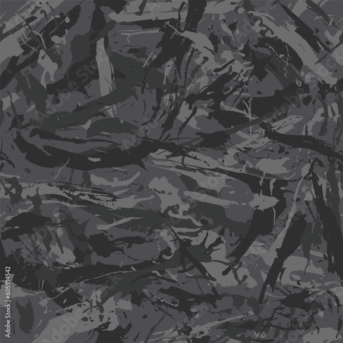 Grunge urban camouflage, black fashion design. Dirty brush stroke hand draw camo, military pattern. Army uniform, fashionable fabric print. Vector seamless monochrome texture