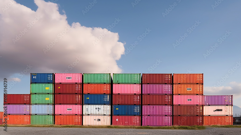 Fototapeta premium Stacked color cargo containers over the blue sky with clouds. Generative Ai
