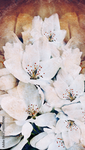 White watercolor apple tree flowers. Floral background. Vertical vintage flowers on  paper. Close-up.