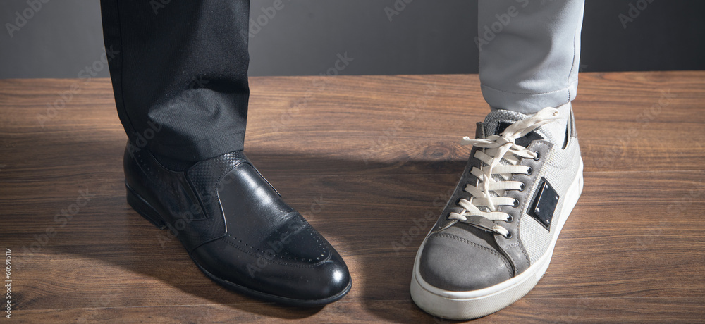 Work Life Balance Concept. Business and casual shoes Work Life Balance Concept. Business and casual shoes