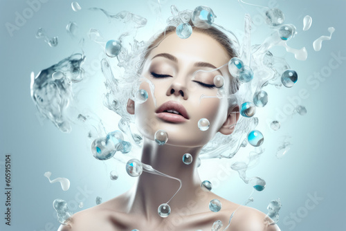 Young woman with smooth skin, liquid drops flying around her, blue background - hyaluronic acid serum concept. Generative AI