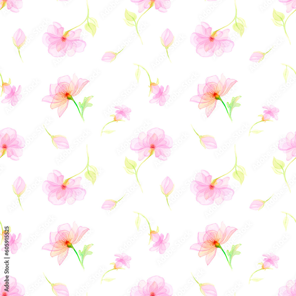 Watercolor drawing pattern of half-transparent purple flowers and green leaves on white background. Nice picture for illustration, stickers, cards, scrapbooking