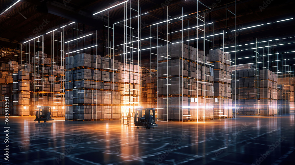 digital warehouse with electronic grids connected to a bar code scanner. Generative Ai