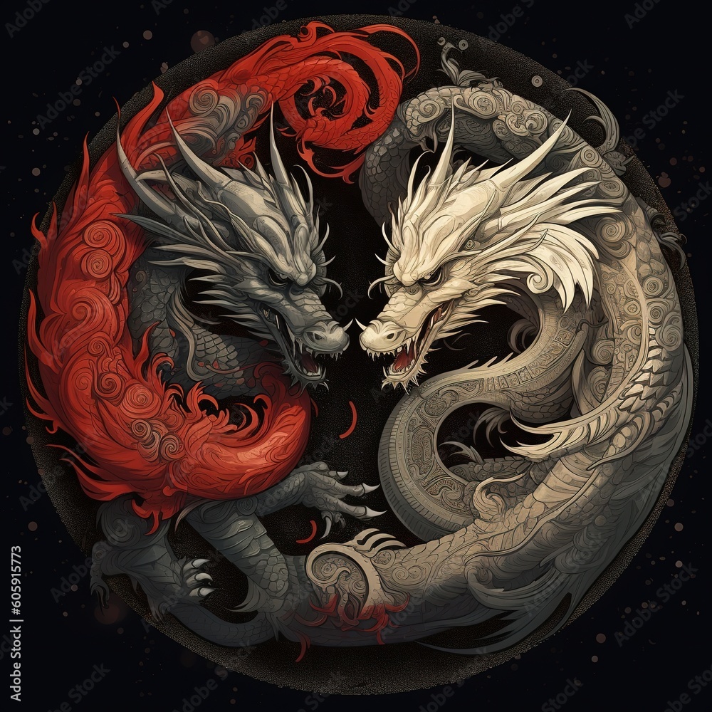 Dragons de Dualité : Yin et Yang en Noir et Blanc Stock Illustration ...