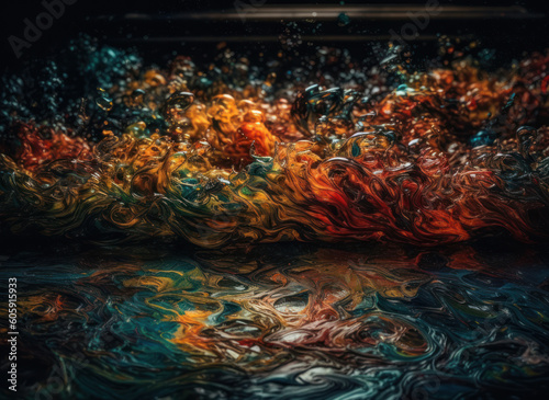 Splashes of colored liquid Oil paint on a dark background Created with Generative AI technology.