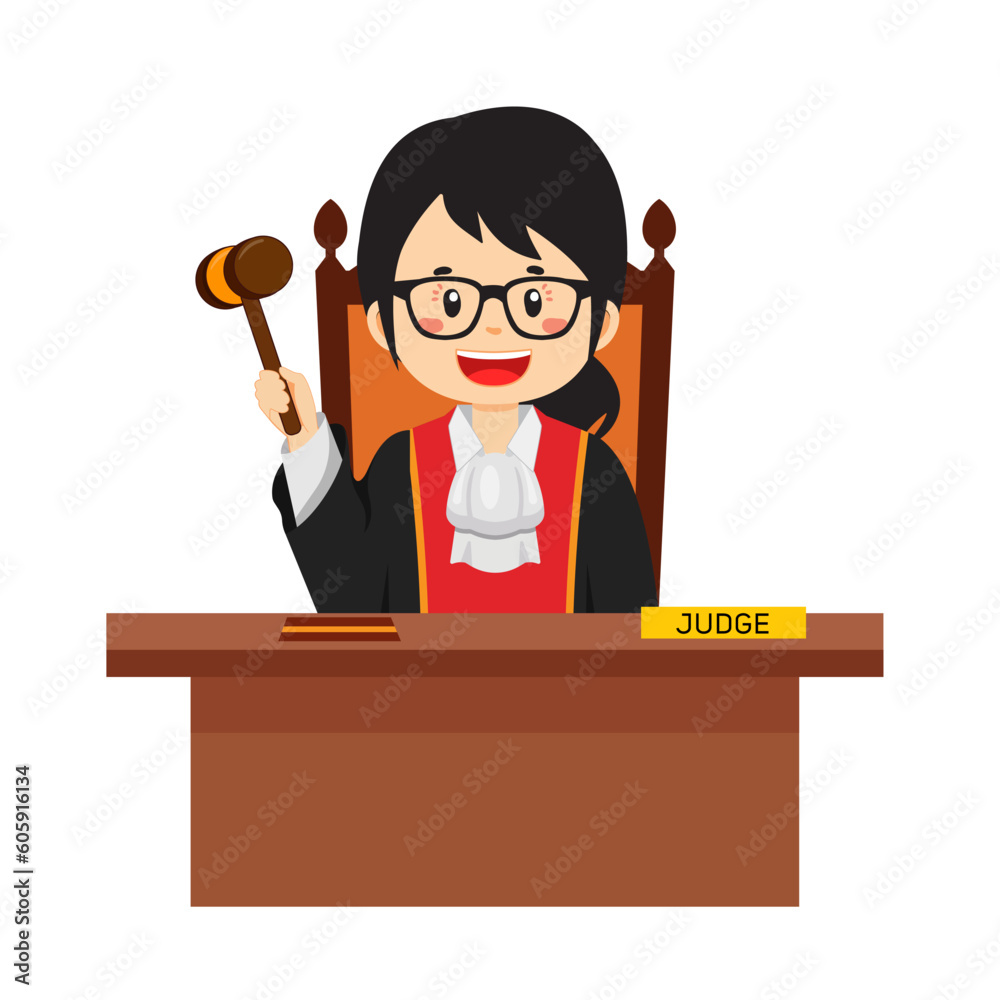 Judge Character Sitting Desk with Hammer Cartoon Judge Character Sitting Desk with Hammer Cartoon