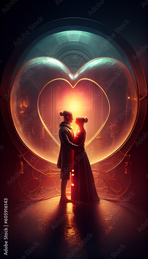 A couple on heart shaped neon light background. Valentine's Day composition. Generative AI illustration