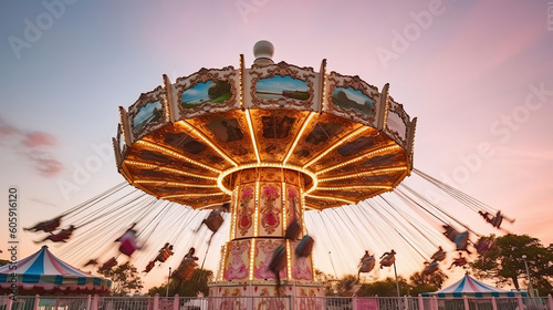 A pink carousel ride spins fast in the air in florida at sunset. Generative AI