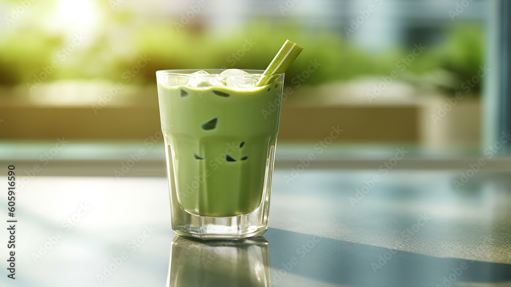 Glass of iced matcha green tea latte on the light home background. Generative Ai Glass of iced matcha green tea latte on the light home background. Generative Ai