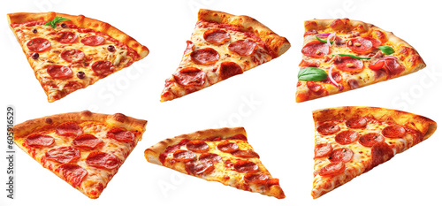 six illustrations of pizza slices with salami on a transparent background, Generative AI