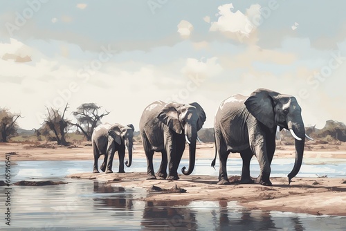 elephant family drinking water. Generative AI