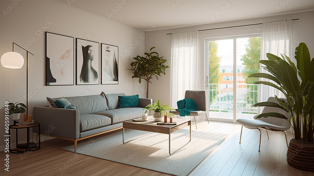 Naklejka premium Empty living room with hardwood floor in modern apartment. Generative Ai