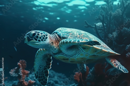 close up of turtle swimming in sea. Generative AI