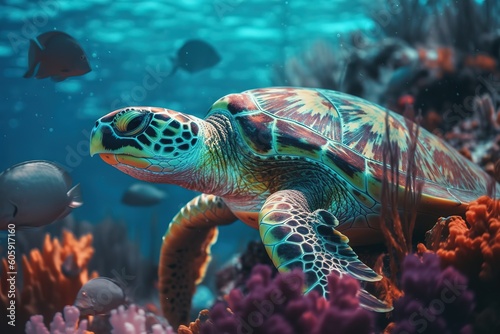 close up of turtle swimming in sea. Generative AI © create