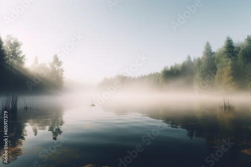 beautiful river with fog and mist around. Generative AI