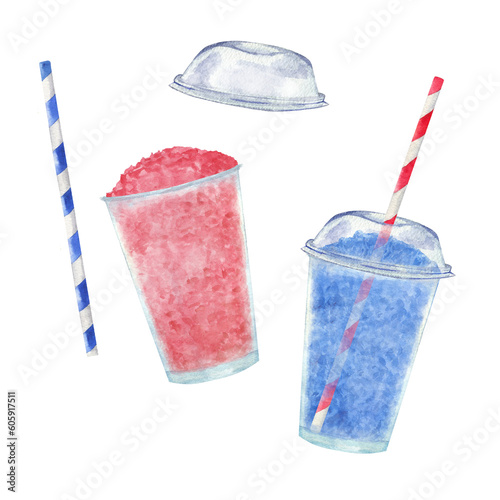 Foto Set of blue and red summer slushies in plastic cup with straw