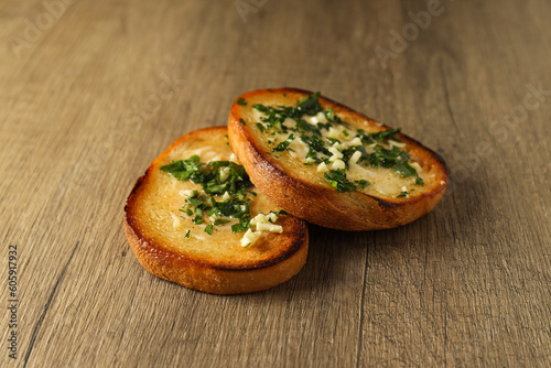 Tasty toasts with garlic, homemade products appetizer