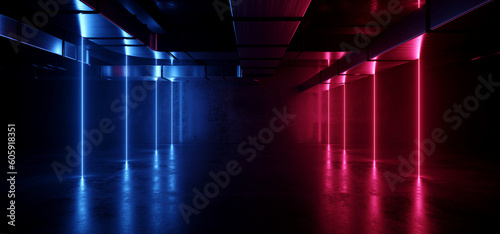 Sci Fi Futuristic Neon Barn Garage Red Blue Glowing Lights Cement Concrete Hangar Tunnel Underground Corridor Club Stage Showroom Parking 3D Rendering
