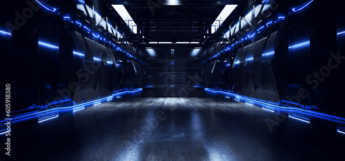 Fototapeta Naklejka Na Ścianę i Meble -  Sci Fi Futuristic Alien Spaceship Metal Panels And Cables corridor Hangar Garage Hallway Room Cement Floor Glowing  Blue Lights 3D Rendering