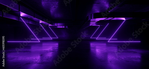 Sci Fi Futuristic Neon Barn Garage Glowing Lights Cement Concrete Hangar Tunnel Underground Corridor Club Stage Showroom Parking 3D Rendering