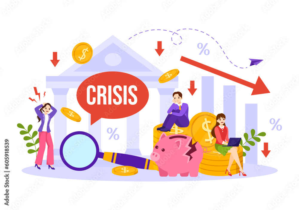Obraz premium Financial Crisis Vector Illustration with Bankruptcy, Collapse of the Economy and Cost Reduction in Flat Cartoon Hand Drawn Landing Page Templates