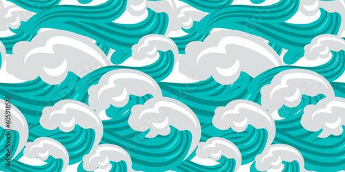 A pattern of large waves and foam. Traditional oriental seamless pattern with ocean waves, foam, splashes. Vector background in vintage style. Printing on textiles and paper