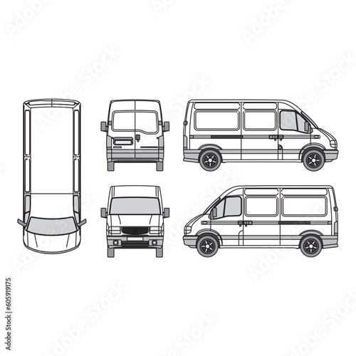 van outline, vintage 1998, isolated white background, front, back, top and side view, part 7