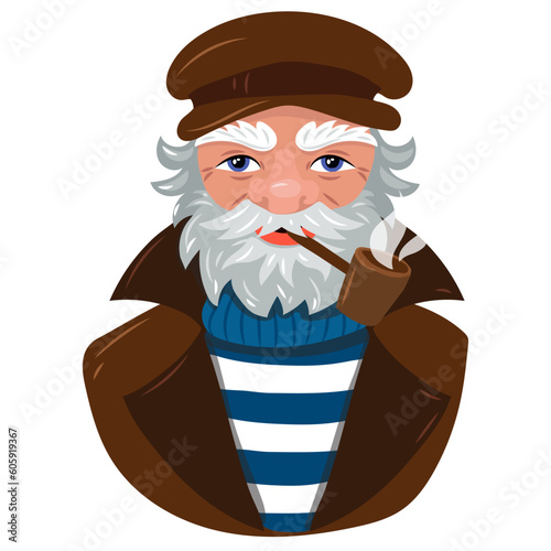 Cartoon vector illustration of a gray-haired sailor with a pipe, captain isolated on a white background. The face of a sailor smoking a tobacco pipe Portrait of an elderly sailor on a white background