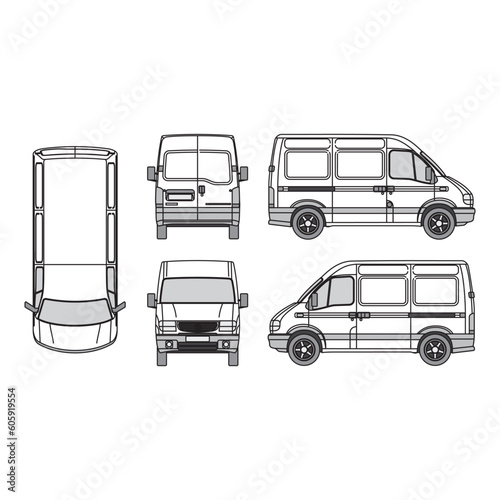 van outline, vintage 1998, isolated white background, front, back, top and side view, part 5
