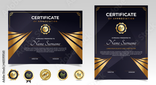 Certificate of appreciation template, gold and black color. Clean modern certificate with gold badge. Certificate border template with luxury and modern line pattern. Diploma vector template