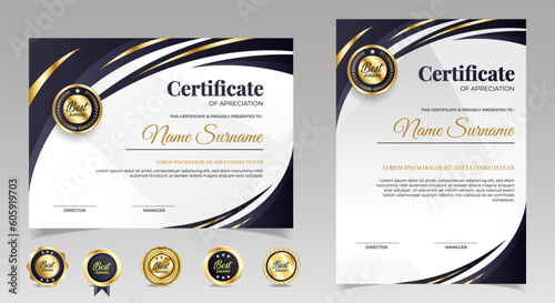 Black and gold certificate of appreciation border template with luxury badge and modern line and shapes. For award, business, and education needs. Diploma vector template	