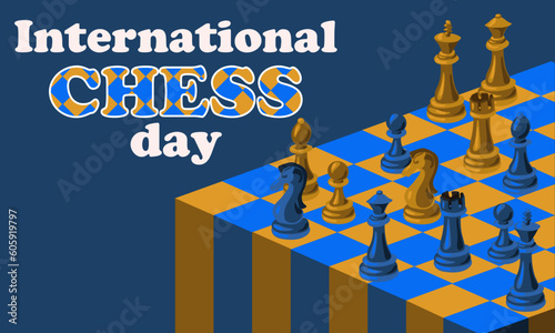 International Chess Day with a chessboard and chess pieces. A game of blue and yellow chess. Vector illustration of a chess board in the game. Colored opponents. Printing banners, postcards horizont