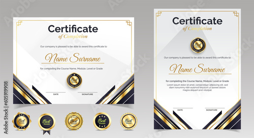 Black and gold certificate of appreciation border template with luxury badge and modern line and shapes. For award, business, and education needs. Diploma vector template	