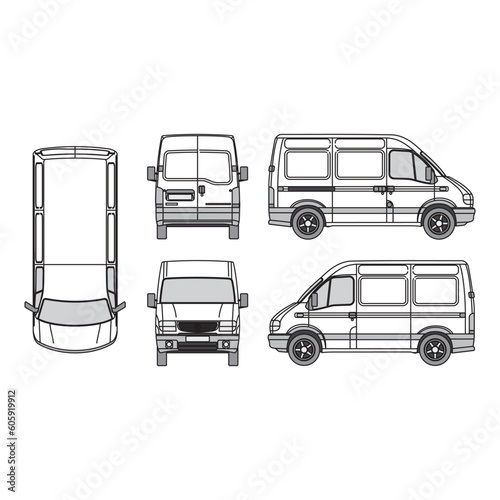 van outline, vintage 1998, isolated white background, front, back, top and side view, part 4