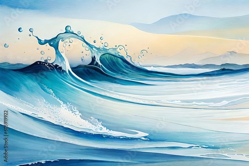 Refreshing waves - watercolor background illustration with shades of blue and white depicting water waves, splatters, and bubbles