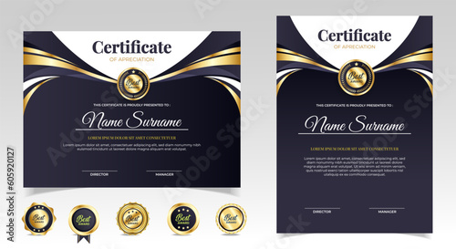 Certificate of appreciation template, gold and black color. Clean modern certificate with gold badge. Certificate border template with luxury and modern line pattern. Diploma vector template