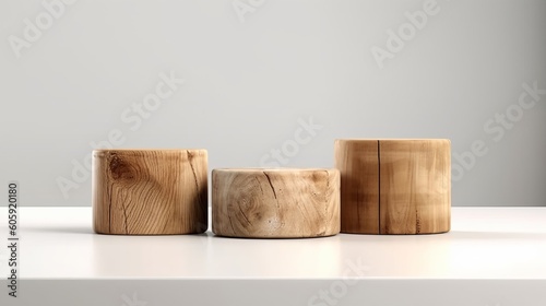 Rustic wood pieces podium in white clean room. Front view - Minimalism background for products cosmetics, food or jewellery (Generative Ai)