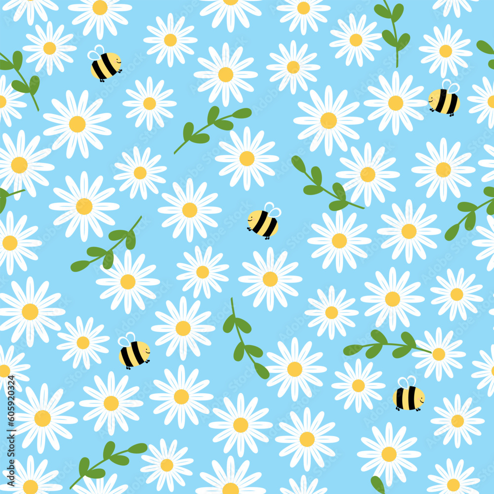 Cute seamless pattern with flowers and leaves