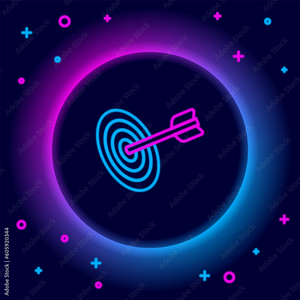 Glowing neon line Target financial goal concept icon isolated on black background. Symbolic goals achievement, success. Colorful outline concept. Vector Glowing neon line Target financial goal concept icon isolated on black background. Symbolic goals achievement, success. Colorful outline concept. Vector